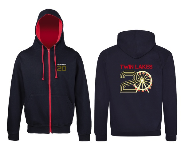 TWIN LAKES 20 varsity hoodie in French navy and Fire Red with Gold logo.